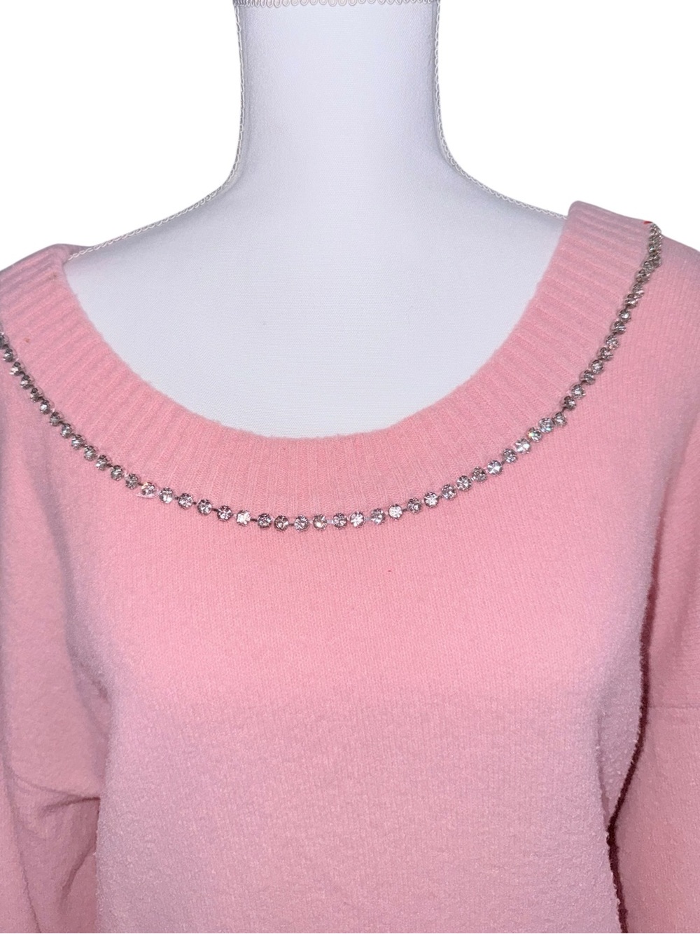 Express Pink Off-the-Shoulder Sweater with Crystal Trim - Picture 3 of 6